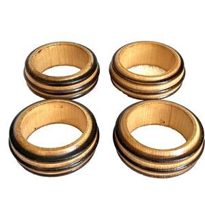 Wooden Vintage Napkin Rings Set (4) Brown Two Tone Brown Rib Rustic Farm Cabin